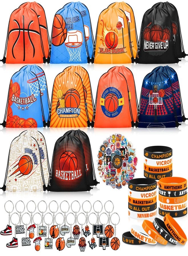 Grneric 110 Pcs Basketball Party Favors Drawstring Backpack with Keychains Silicone Bracelets Stickers for Sports Birthday Supplies Goodie Bags Basketball Themed Gifts - Image 1